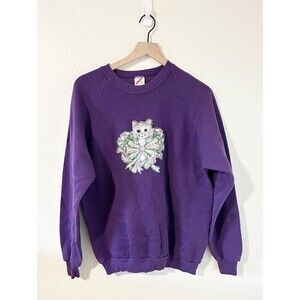 Vintage 90’s JERZEES Cat Kitten Purple Bow Sweatshirt Cottagecore Grandma XL